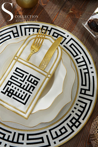 Ramadan Kareem Black & Gold Embroidered Placemat Set, 12 Pieces for 6