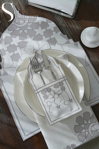 Ramadan Dome Silver Embroidered Full Placemat Set, 26 Pieces for 6