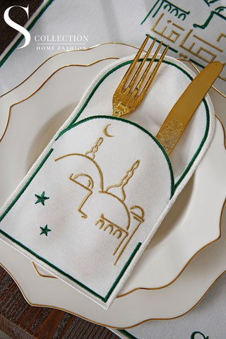 Ramadan Qabool Green & Gold Embroidered Placemat Set, 12 Pieces for 6
