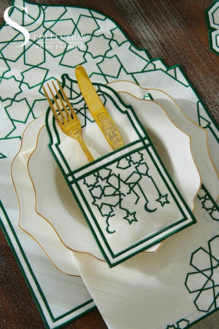 Ramadan Dome Green & Off White Embroidered Full Placemat Set, 26 Pieces for 6