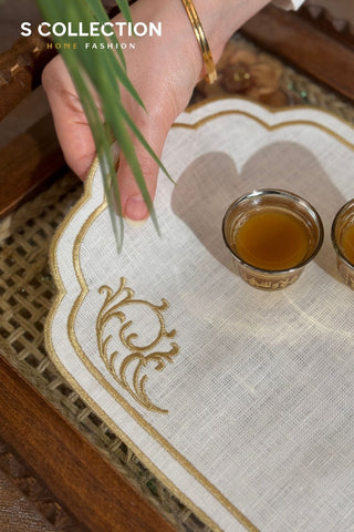 Orchid Design Tray Cover - %100 Linen Fabric - Gold Embroidered