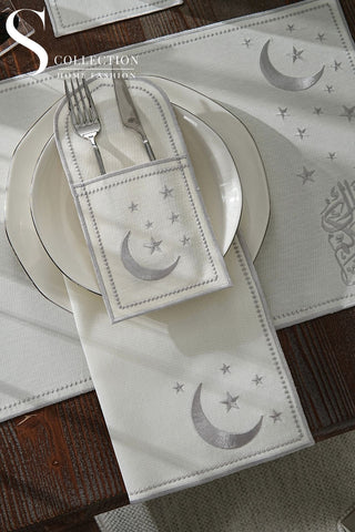 Ramadan Glamorous Silver Embroidered Placemat Set, 24 Pieces for 6