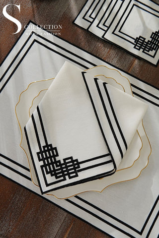 Pyramid Black Embroidered Placemat Set, 24 Pieces for 6