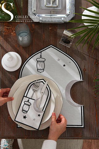 Ramadan Qamar Black & Silver Embroidered Placemat Set, 12 Pieces for 6