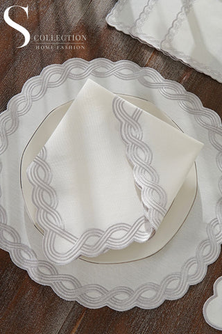 Ocean Braid Silver Embroidered Placemat Set, 24 Pieces for 6
