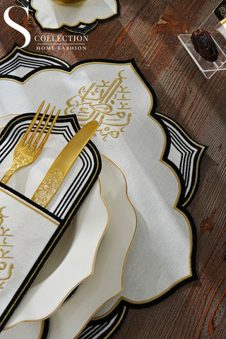 Ramadan Najma Black & Gold Embroidered Placemat Set, 12 Pieces for 6