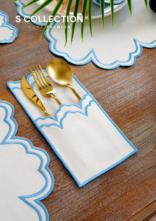 Cloud Light Blue Embroidered Placemat Set, 24 Pieces for 6