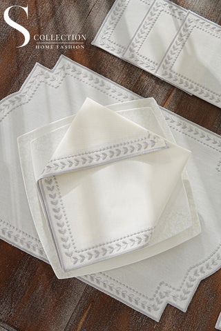 Donna Wreath Silver Embroidered Placemat Set, 24 Pieces for 6