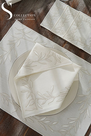 Flower Off White & Silver Embroidered Placemat Set, 24 Pieces for 6