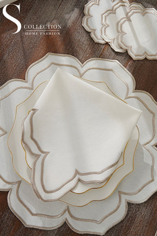 Valeria Cappuccino Embroidered Placemat Set, 24 Pieces for 6