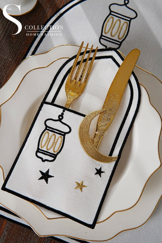 Ramadan Qamar Black & Gold Embroidered Placemat Set, 12 Pieces for 6