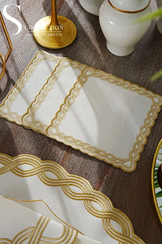 Ocean Braid Gold Embroidered Placemat Set, 24 Pieces for 6