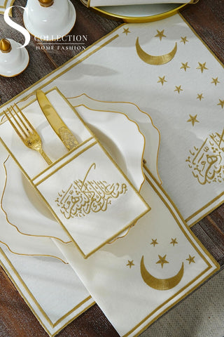 Ramadan Stellar Serenity Gold Embroidered Full Placemat Set, 26 Pieces for 6
