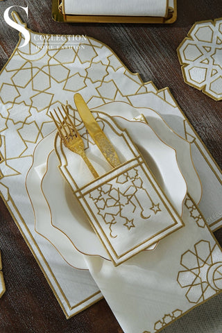 Ramadan Dome Gold & Off White Embroidered Full Placemat Set, 26 Pieces for 6