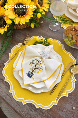 Camila Yellow Embroidered Placemat Set, 18 Pieces for 6