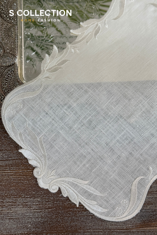 Tulip Design Tray Cover - %100 Linen Fabric - Off White Embroidered