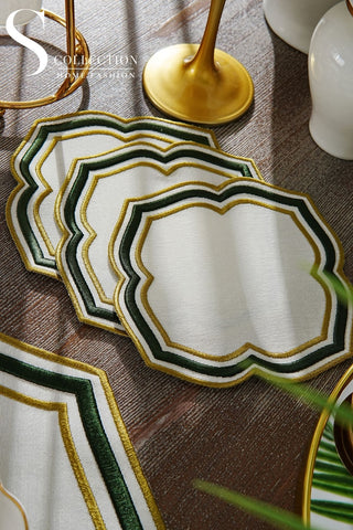 Moonrise Olive Green Embroidered Placemat Set, 24 Pieces for 6