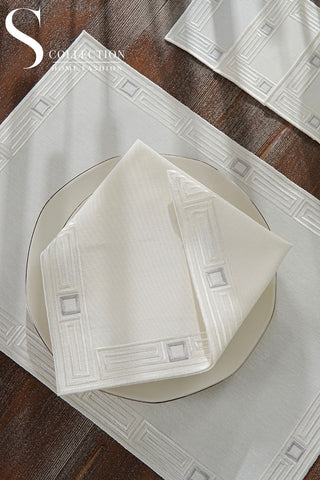 Tuscan Off White & Silver Embroidered Placemat Set, 24 Pieces for 6