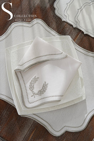 Laurel Wreath Silver Embroidered Placemat Set, 24 Pieces for 6