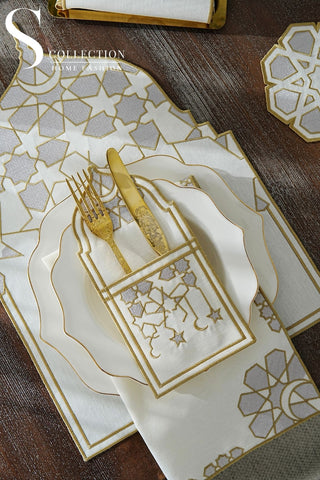 Ramadan Dome Silver & Gold Embroidered Full Placemat Set, 26 Pieces for 6