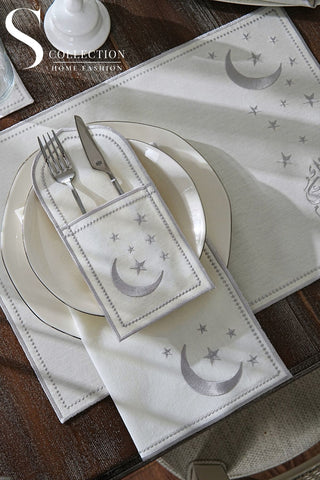 Ramadan Glamorous Silver Embroidered Full Placemat Set, 26 Pieces for 6