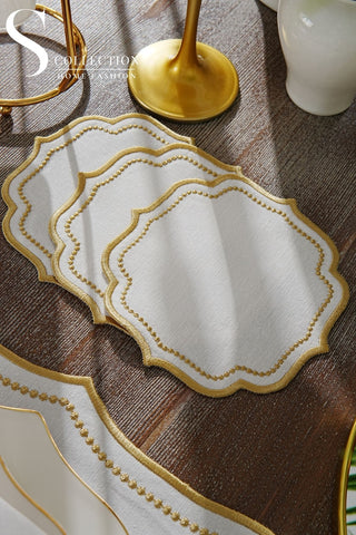 Laurel Wreath Gold Embroidered Placemat Set, 24 Pieces for 6