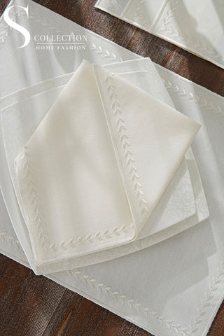 Leafy Allure Cornered Off White Embroidered Placemat Set, 24 Pieces for 6