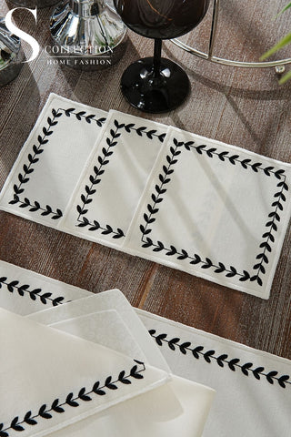 Leafy Allure Cornered Black Embroidered Placemat Set, 24 Pieces for 6