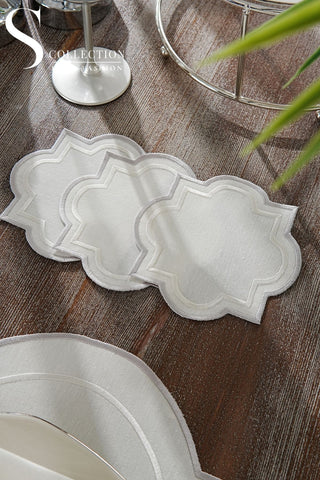 Milan Silver & Off White Embroidered Placemat Set, 24 Pieces for 6