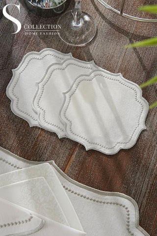 Laurel Wreath Silver Embroidered Placemat Set, 24 Pieces for 6