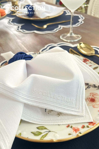 Cloudy Navy Blue Embroidered Placemat Set, 18 Pieces for 6