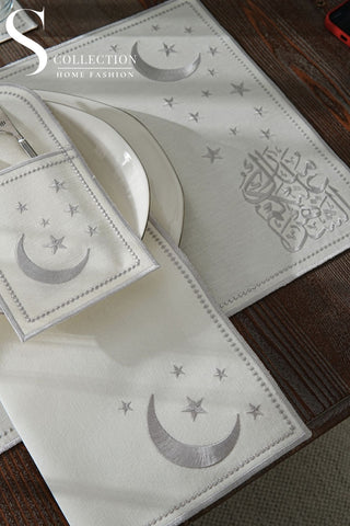 Ramadan Glamorous Silver Embroidered Placemat Set, 24 Pieces for 6