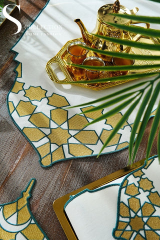 Ramadan Dome Green & Gold Embroidered Full Placemat Set, 26 Pieces for 6