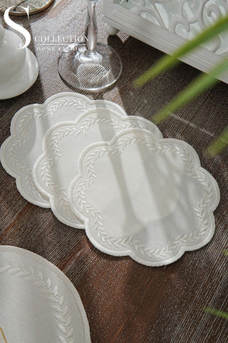 Leafy Allure Off White Embroidered Placemat Set, 24 Pieces for 6