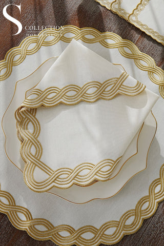 Ocean Braid Gold Embroidered Placemat Set, 24 Pieces for 6
