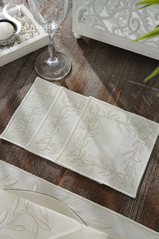 Flower Off White & Silver Embroidered Placemat Set, 24 Pieces for 6