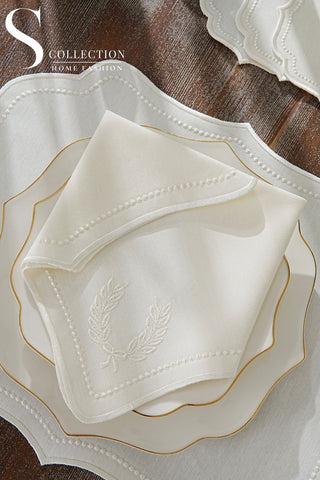 Laurel Wreath Off White Embroidered Placemat Set, 24 Pieces for 6