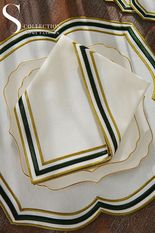 Moonrise Olive Green Embroidered Placemat Set, 24 Pieces for 6