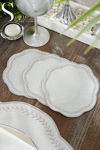 Leafy Allure Silver Embroidered Placemat Set, 24 Pieces for 6