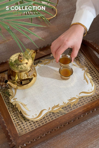 Tulip Design Tray Cover - %100 Linen Fabric - Gold Embroidered