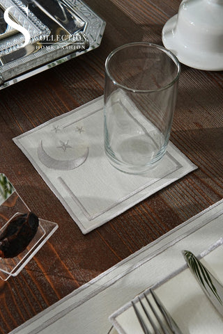 Ramadan Stellar Serenity Silver Embroidered Placemat Set, 24 Pieces for 6