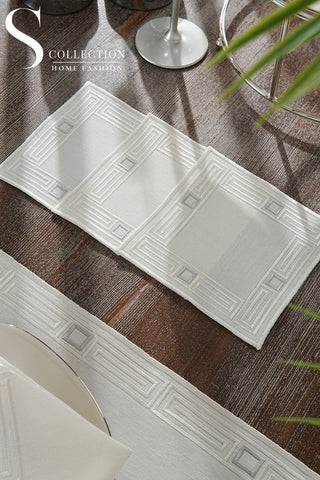 Tuscan Off White & Silver Embroidered Placemat Set, 24 Pieces for 6