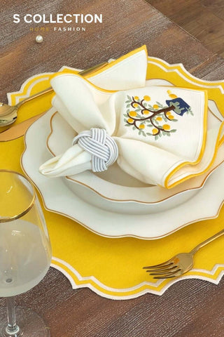 Camila Yellow Embroidered Placemat Set, 18 Pieces for 6