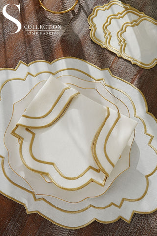 Clara Gold Embroidered Placemat Set, 24 Pieces for 6