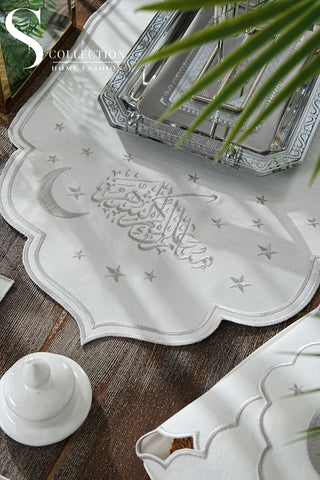 Ramadan Stellar Serenity Silver Embroidered Full Placemat Set, 26 Pieces for 6
