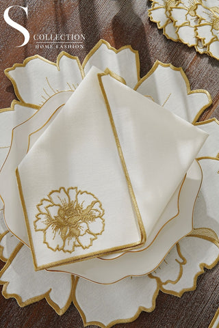 Eloise Gold Embroidered Placemat Set, 24 Pieces for 6