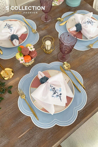 Floria Light Blue Embroidered Placemat Set, 18 Pieces for 6