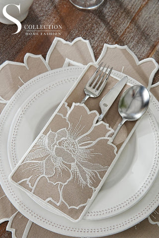Eloise Cappuccino Embroidered Placemat Set, 12 Pieces for 6