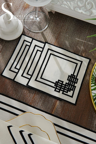 Pyramid Black Embroidered Placemat Set, 24 Pieces for 6