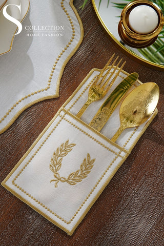 Laurel Wreath Gold Embroidered Placemat Set, 24 Pieces for 6